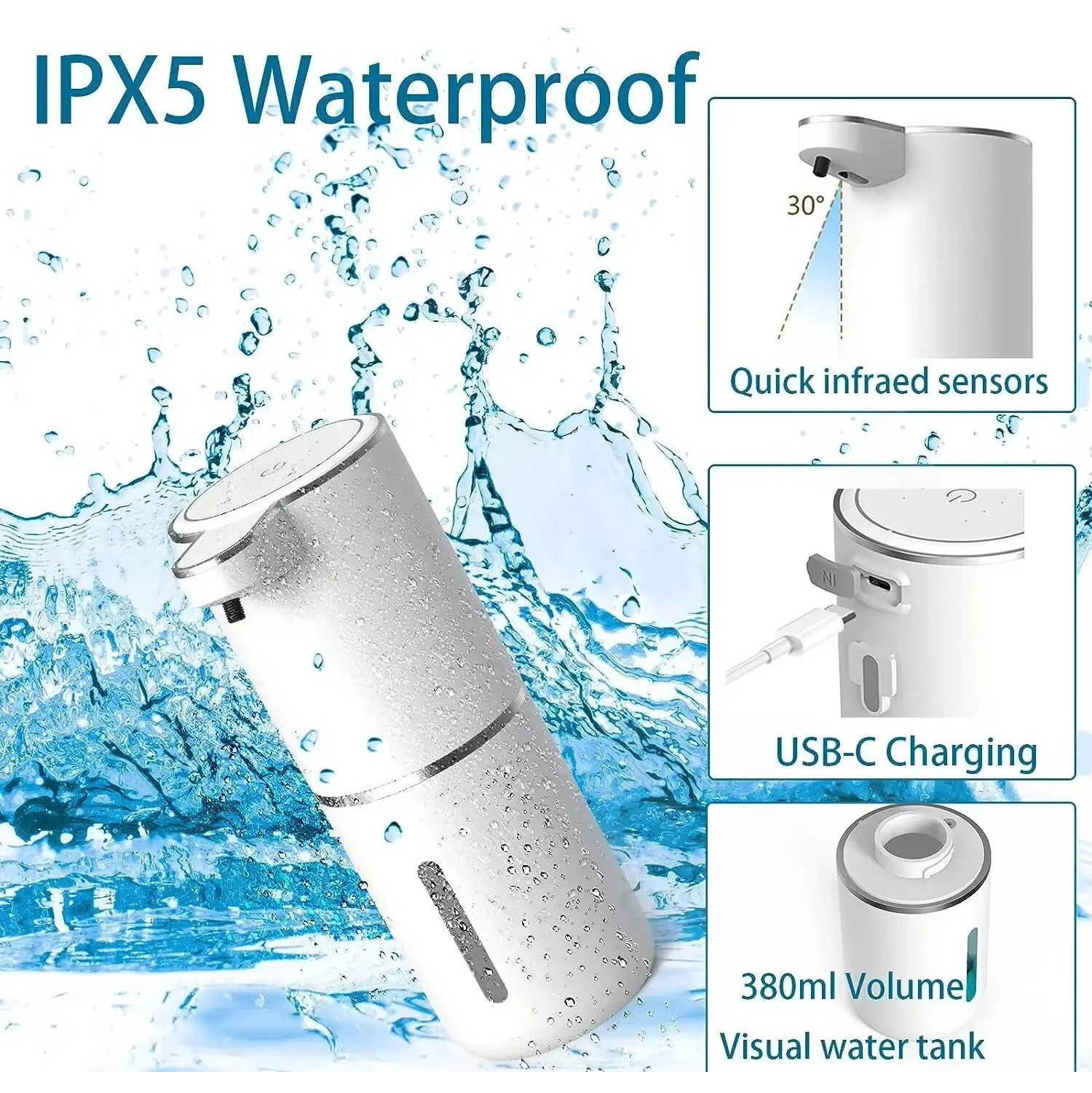 Infrared Motion Sensor Soap Dispenser with USB Rechargeable Battery and IPX5 Splash Protection All Vera Mart