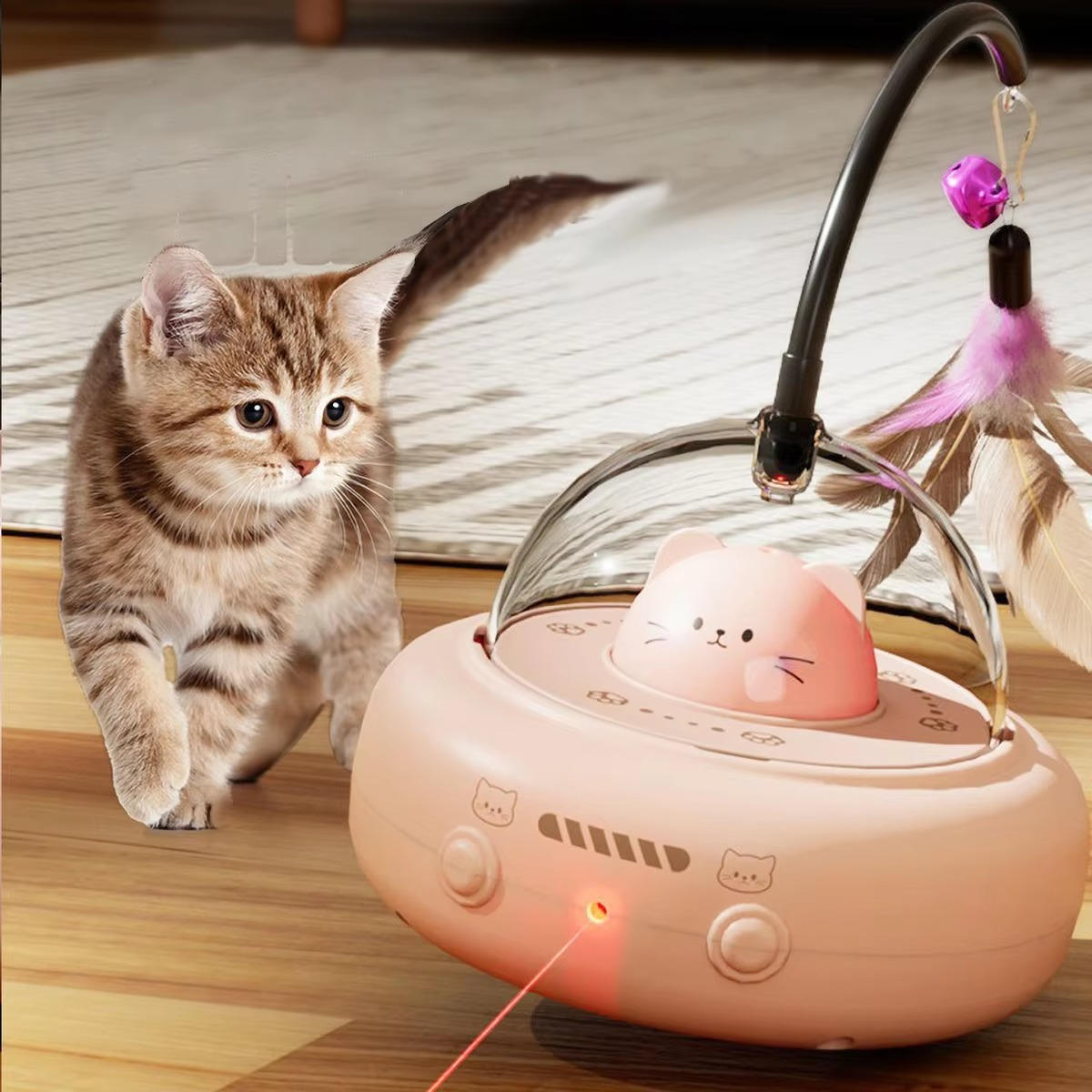 Interactive Rolling Cat Toy with Laser and Feather Bells, Obstacle Detection All Vera Mart