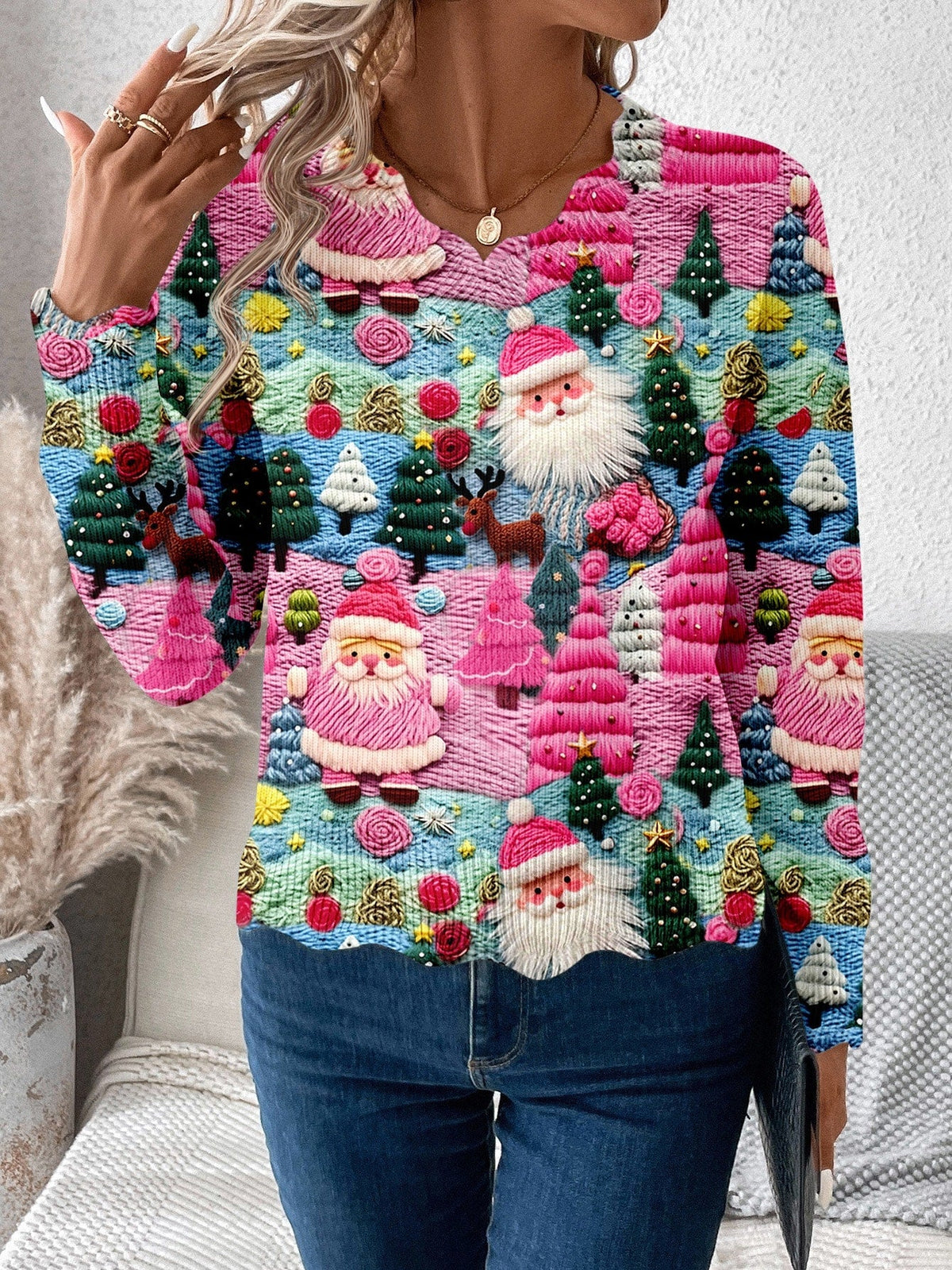 Women's Christmas Pullover Sweater with Scalloped Hem and Multicolor Holiday Pattern All Vera Mart