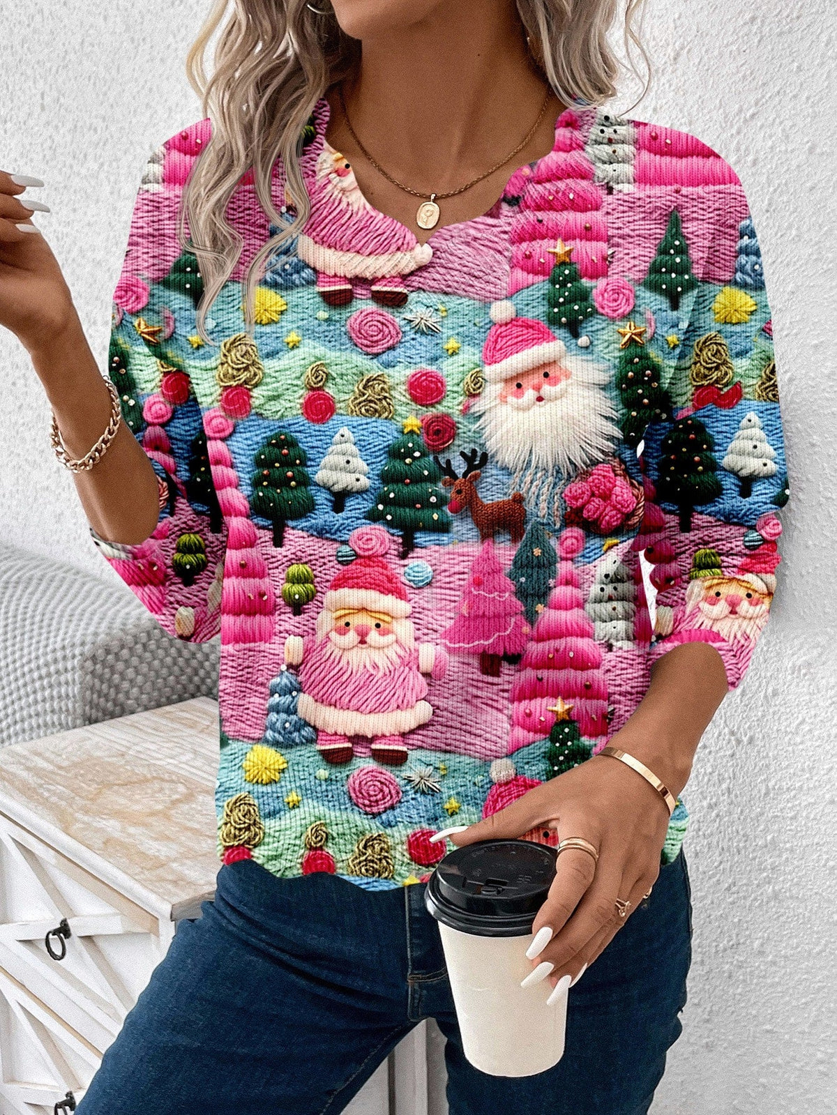 Women's Christmas Pullover Sweater with Scalloped Hem and Multicolor Holiday Pattern All Vera Mart
