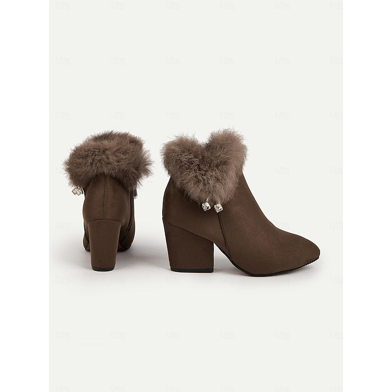 Womens Block Heel Ankle Boots with a Plush Collar, Pointed Toe and Side Zip in Brown or Black