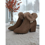 Womens Block Heel Ankle Boots with a Plush Collar, Pointed Toe and Side Zip in Brown or Black