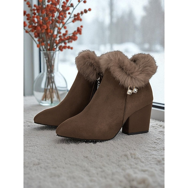Womens Block Heel Ankle Boots with a Plush Collar, Pointed Toe and Side Zip in Brown or Black