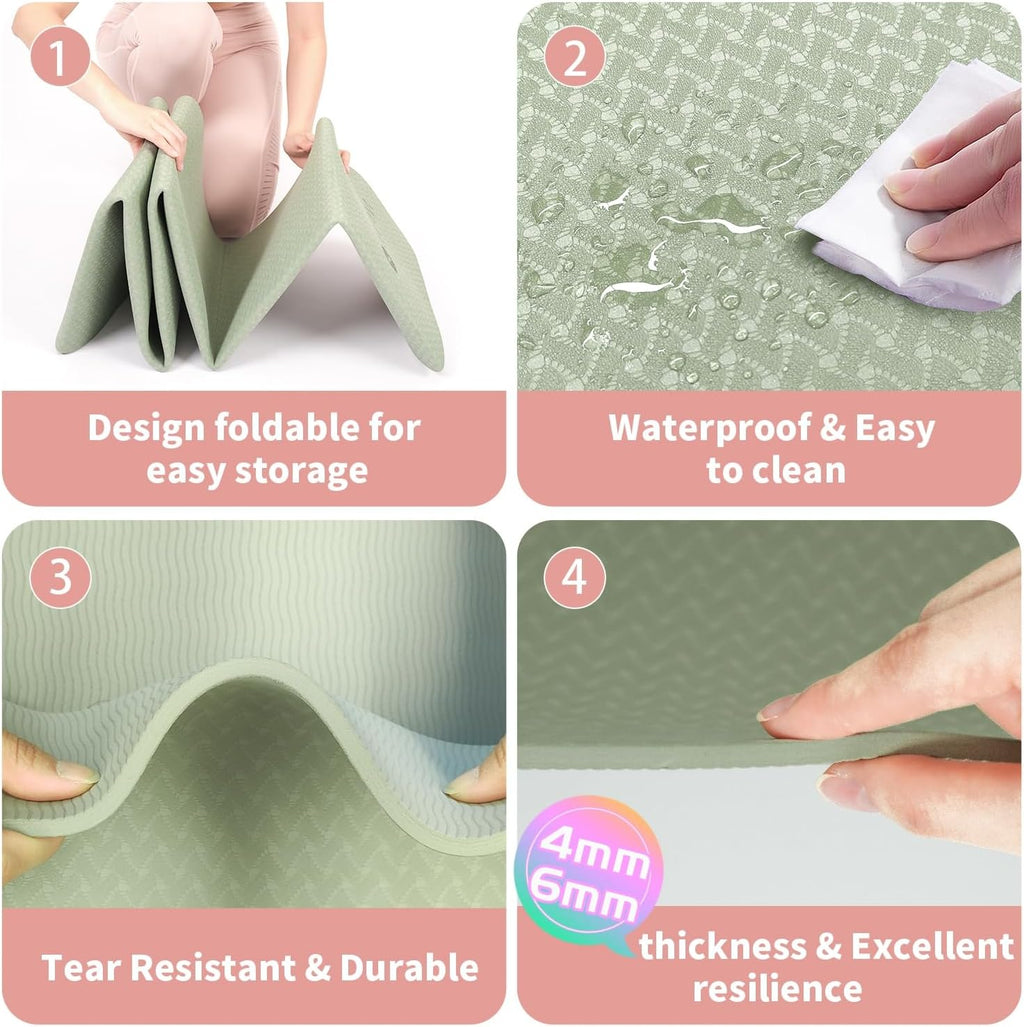 Yoga Mat with Dual Surface Grip and 6mm TPE Cushioning, Foldable Design All Vera Mart