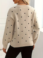 Womens Polka Dot Crew Neck Sweater with Soft Warm Knit and Relaxed Fit in Khaki or Gray