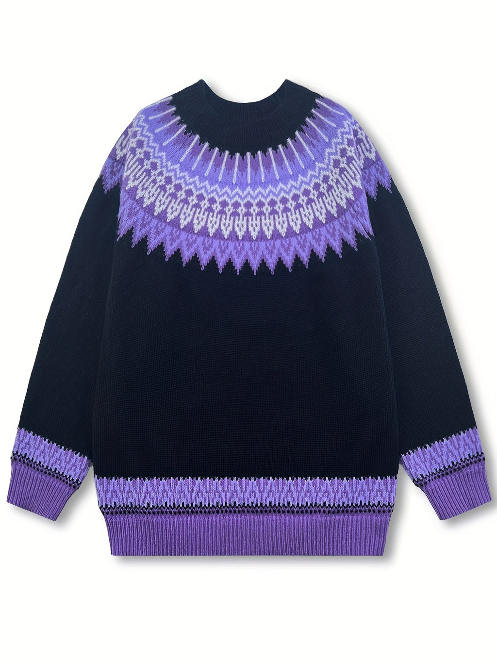 Womens Chunky Jacquard Round Neck Sweater with a Nature Inspired Pattern in Eight Colors