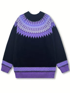 Womens Chunky Jacquard Round Neck Sweater with a Nature Inspired Pattern in Eight Colors