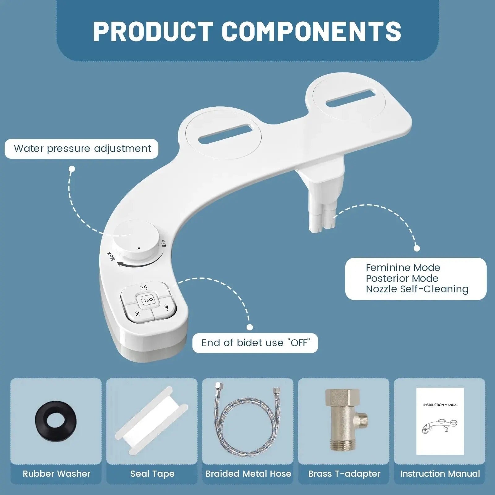 Bidet Attachment with Dual Retractable Nozzles and Adjustable Water Pressure All Vera Mart