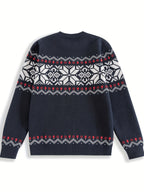 Mens Nordic Snowflake Knit Sweater with Ribbed Cuffs and Hem and a Round Neck in Navy