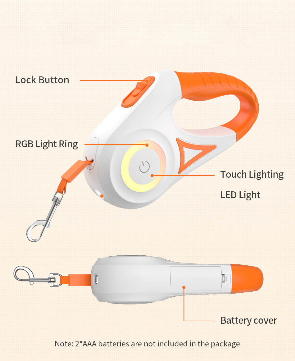 LED Retractable Leash with Front Spotlight and Colored Safety Ring, 5 Meters All Vera Mart