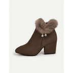 Womens Block Heel Ankle Boots with a Plush Collar, Pointed Toe and Side Zip in Brown or Black