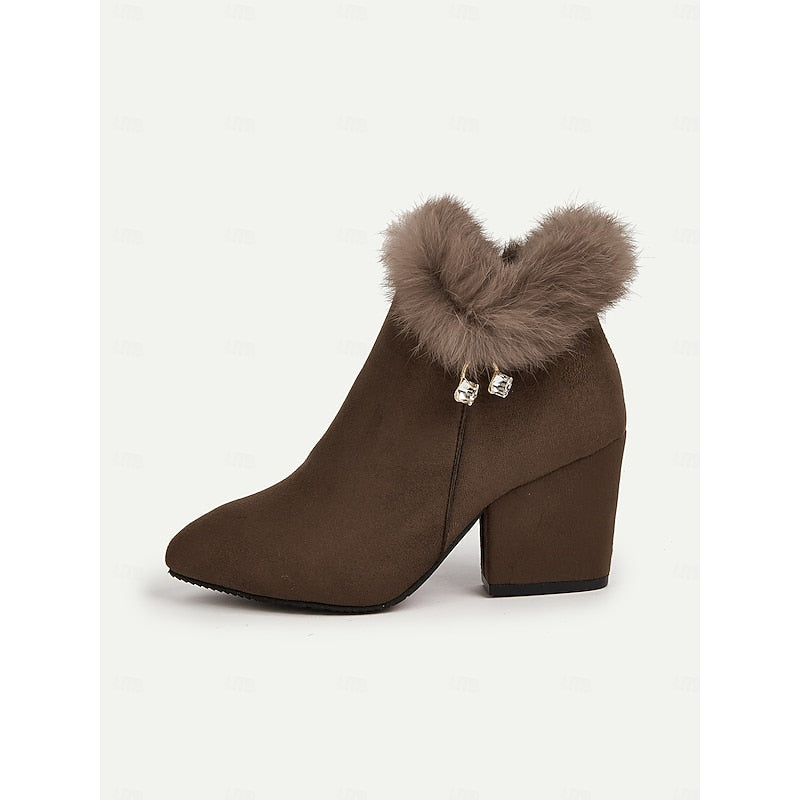 Womens Block Heel Ankle Boots with a Plush Collar, Pointed Toe and Side Zip in Brown or Black