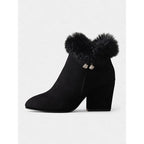 Womens Block Heel Ankle Boots with a Plush Collar, Pointed Toe and Side Zip in Brown or Black