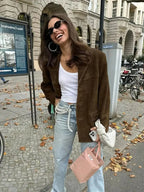 Women's Suede-Like Jacket with Tailored Mid-Length Fit and Hidden Pockets, Brown All Vera Mart