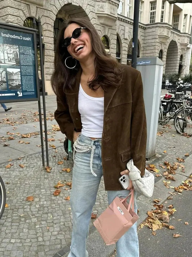 Women's Suede-Like Jacket with Tailored Mid-Length Fit and Hidden Pockets, Brown All Vera Mart