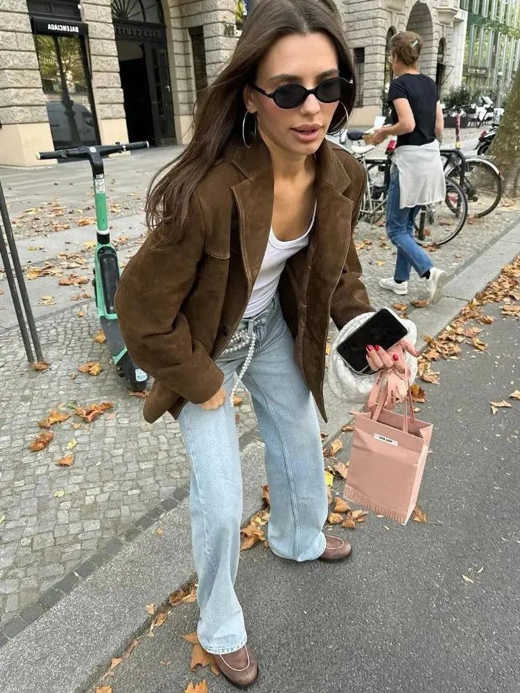 Women's Suede-Like Jacket with Tailored Mid-Length Fit and Hidden Pockets, Brown All Vera Mart