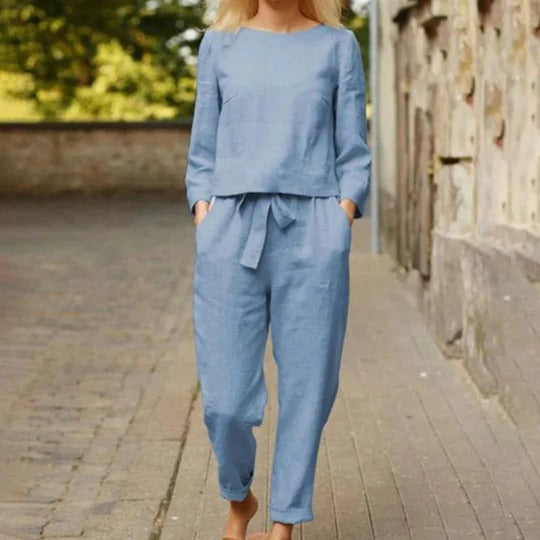 Casual Top and Pants Set with Round Neck and Braided Accent Detail All Vera Mart