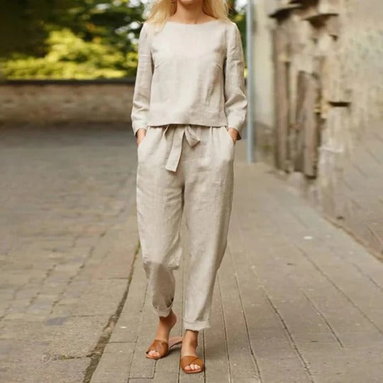 Casual Top and Pants Set with Round Neck and Braided Accent Detail All Vera Mart