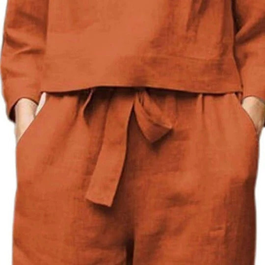 Casual Top and Pants Set with Round Neck and Braided Accent Detail All Vera Mart