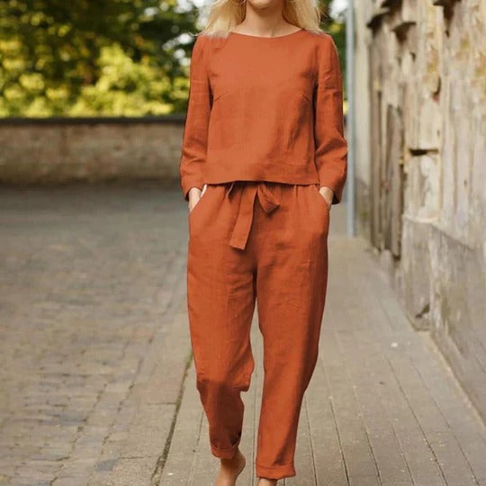 Casual Top and Pants Set with Round Neck and Braided Accent Detail All Vera Mart