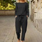 Casual Top and Pants Set with Round Neck and Braided Accent Detail All Vera Mart