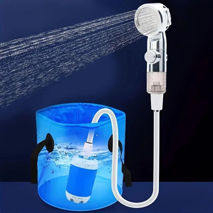 USB Rechargeable Portable Shower Pump with a Handheld Shower Head and Adjustable Water Pressure