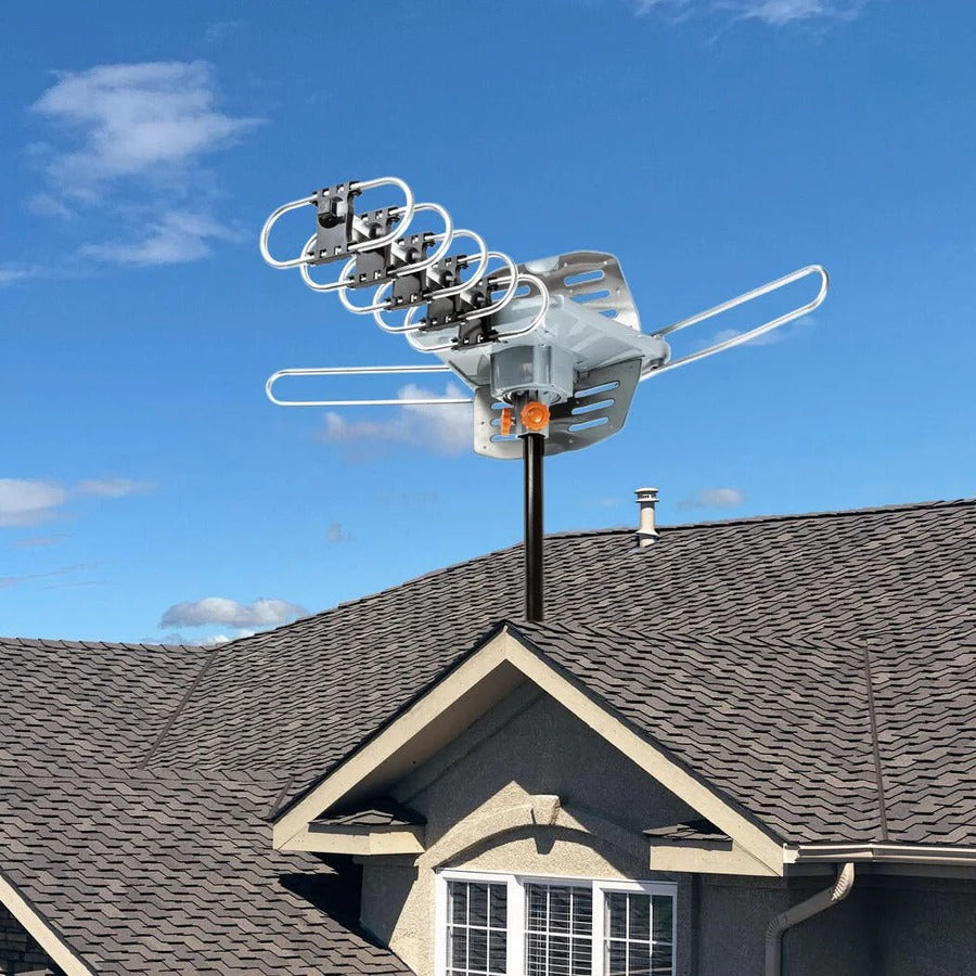 Motorized Outdoor TV Antenna with 360 Degree Rotation Remote and Steel Pole Mount