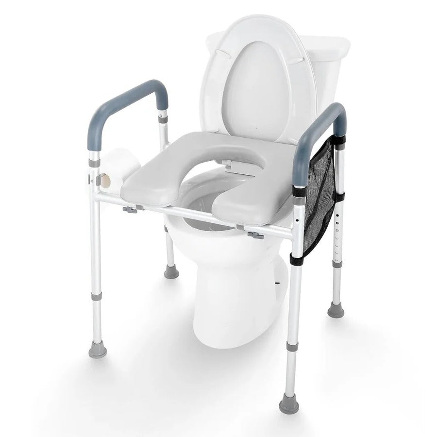 Adjustable Height Raised Toilet Seat Frame with Padded Armrests and Aluminum Body