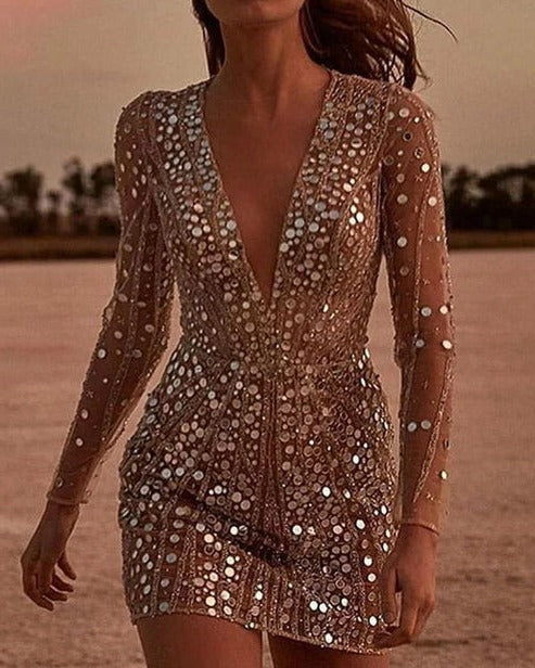 Womens Sequin Evening Dress with V Neck and Sheer Sleeves