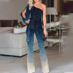 Asymmetrical One Shoulder Jumpsuit with Ombre Flared Legs and Relaxed Fit