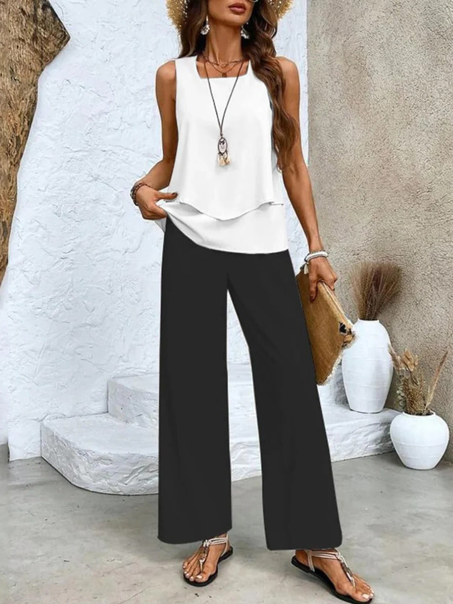 Sleeveless Layered Top with Wide Leg Trousers and Botanical Print, High Waisted All Vera Mart