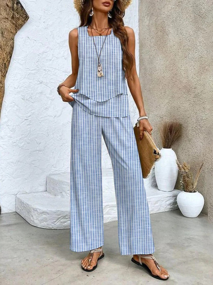 Sleeveless Layered Top with Wide Leg Trousers and Botanical Print, High Waisted All Vera Mart