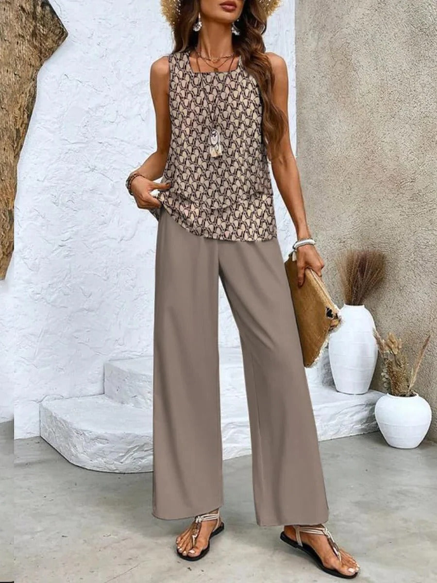 Sleeveless Layered Top with Wide Leg Trousers and Botanical Print, High Waisted All Vera Mart