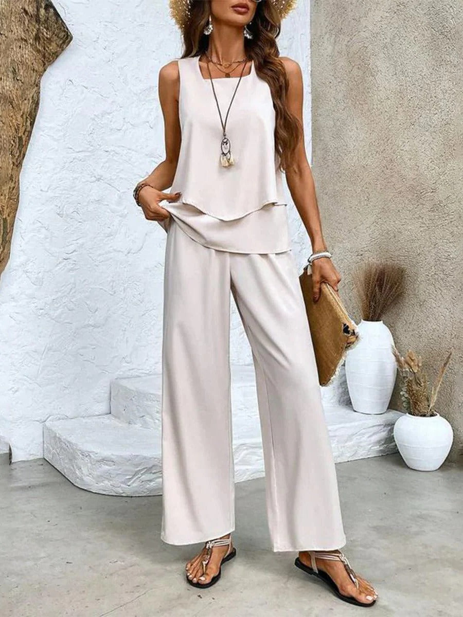 Sleeveless Layered Top with Wide Leg Trousers and Botanical Print, High Waisted All Vera Mart
