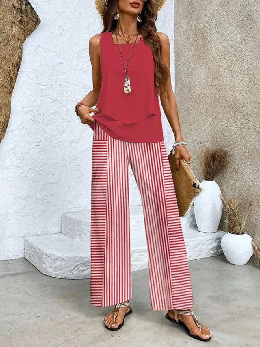 Sleeveless Layered Top with Wide Leg Trousers and Botanical Print, High Waisted All Vera Mart