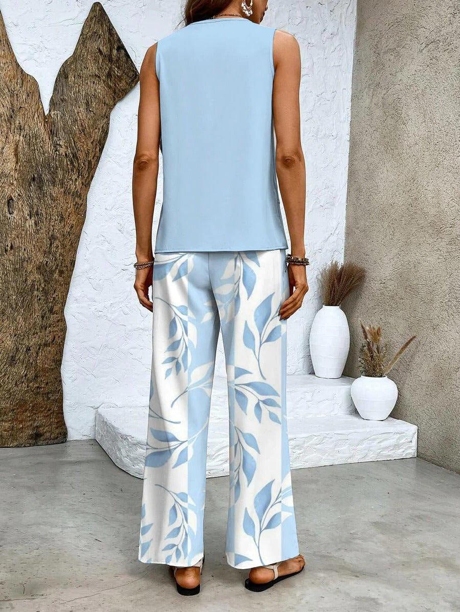 Sleeveless Layered Top with Wide Leg Trousers and Botanical Print, High Waisted All Vera Mart