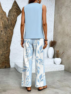 Sleeveless Layered Top with Wide Leg Trousers and Botanical Print, High Waisted All Vera Mart