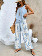 Sleeveless Layered Top with Wide Leg Trousers and Botanical Print, High Waisted All Vera Mart