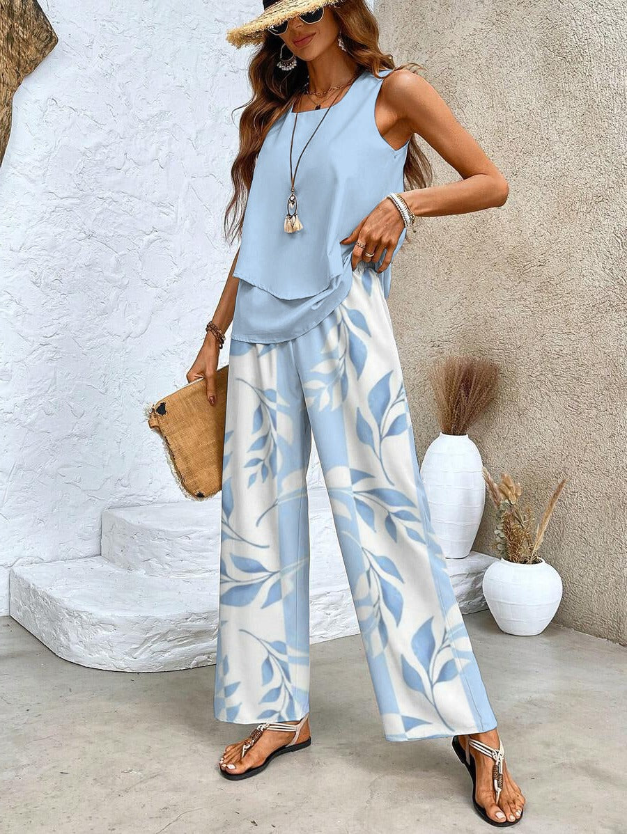 Sleeveless Layered Top with Wide Leg Trousers and Botanical Print, High Waisted All Vera Mart