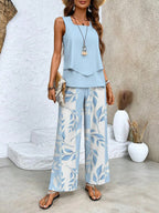 Sleeveless Layered Top with Wide Leg Trousers and Botanical Print, High Waisted All Vera Mart