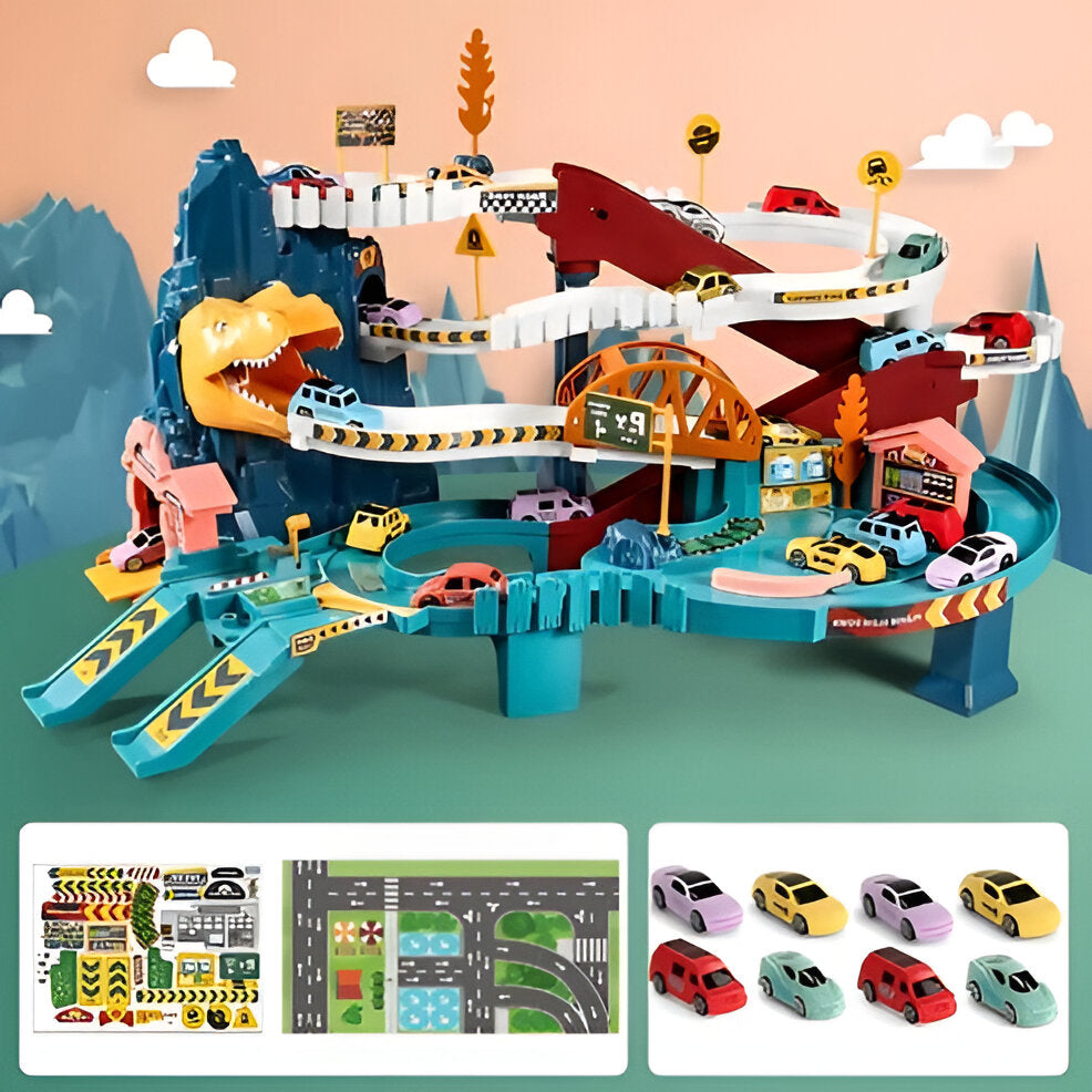 Multi-Level Racing Track Set with Eight Cars and Dinosaur Theme All Vera Mart