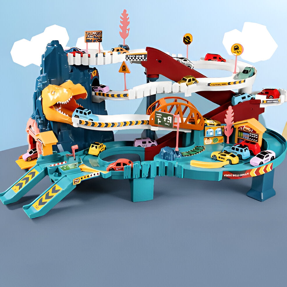 Multi-Level Racing Track Set with Eight Cars and Dinosaur Theme All Vera Mart