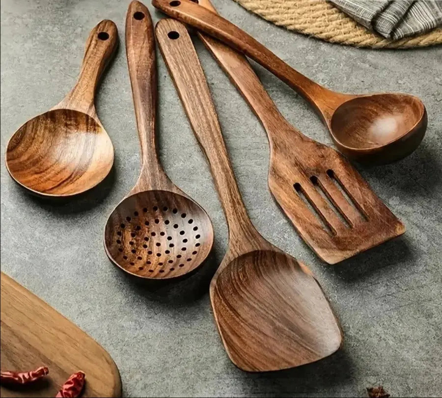 Teak Kitchen Utensil Set with Food-Safe Finish and Non-Abrasive Edges, 4-Piece All Vera Mart