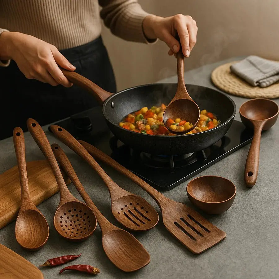 Teak Kitchen Utensil Set with Food-Safe Finish and Non-Abrasive Edges, 4-Piece All Vera Mart