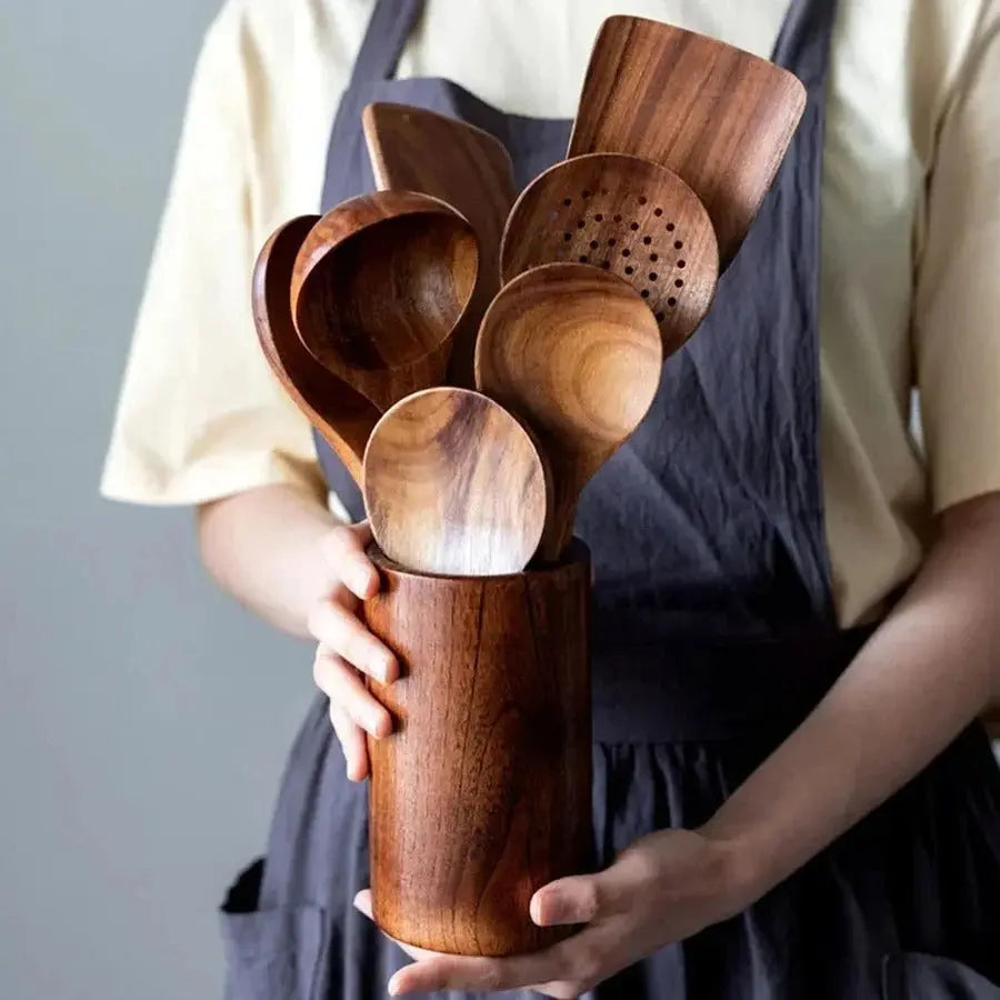 Teak Kitchen Utensil Set with Food-Safe Finish and Non-Abrasive Edges, 4-Piece All Vera Mart