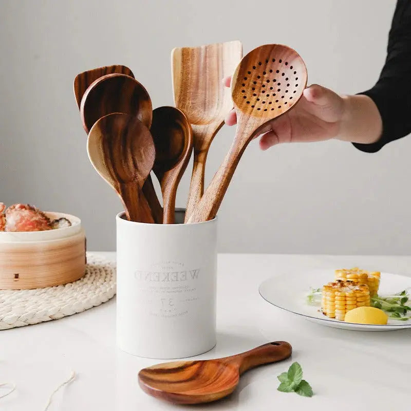 Teak Kitchen Utensil Set with Food-Safe Finish and Non-Abrasive Edges, 4-Piece All Vera Mart