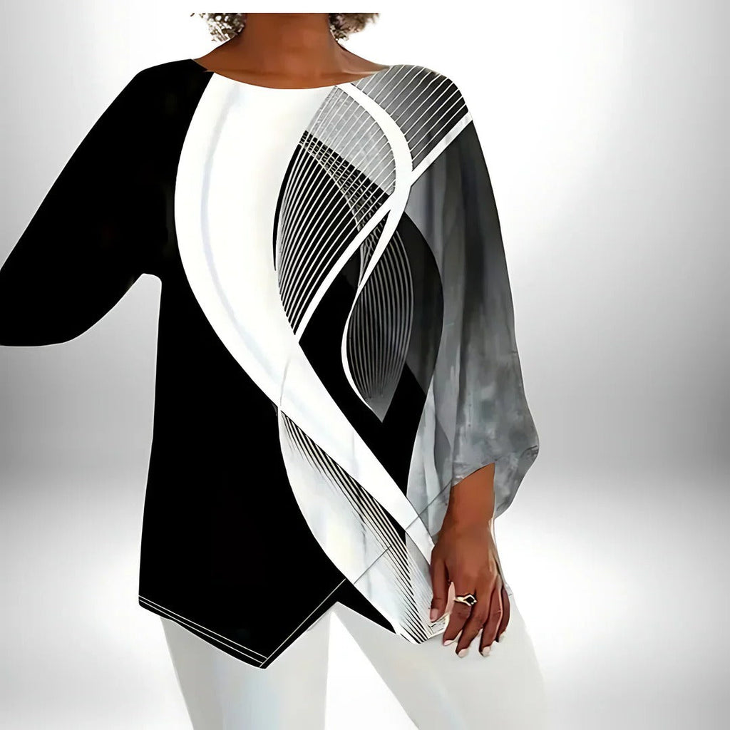 Women's Geometric Print Top with Asymmetric Hem and Long Sleeves All Vera Mart