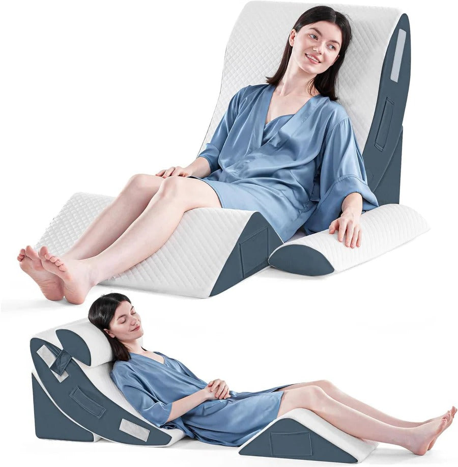 Four Piece Memory Foam Bed Wedge Pillow Set with Hook and Loop Connections and a Washable Plush Cover