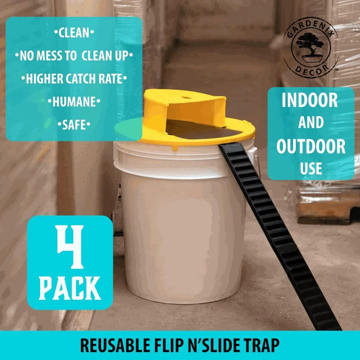 Four Pack of Bucket Lid Mouse Traps with an Auto Reset Flip Lid for a 5 Gallon Bucket