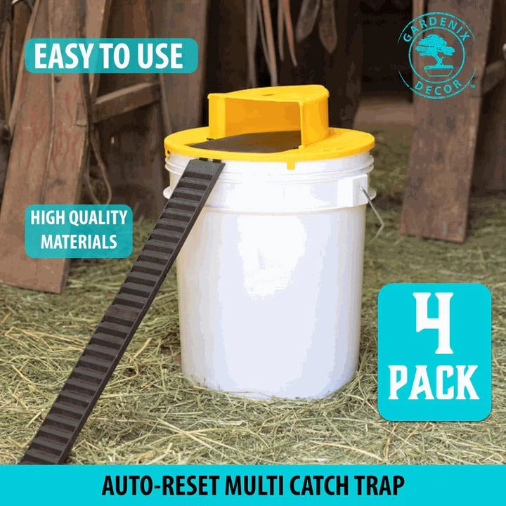 Four Pack of Bucket Lid Mouse Traps with an Auto Reset Flip Lid for a 5 Gallon Bucket